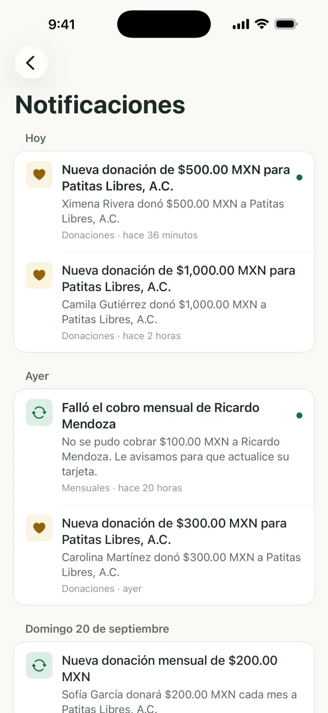 Aviso de una donación nueva en el teléfono