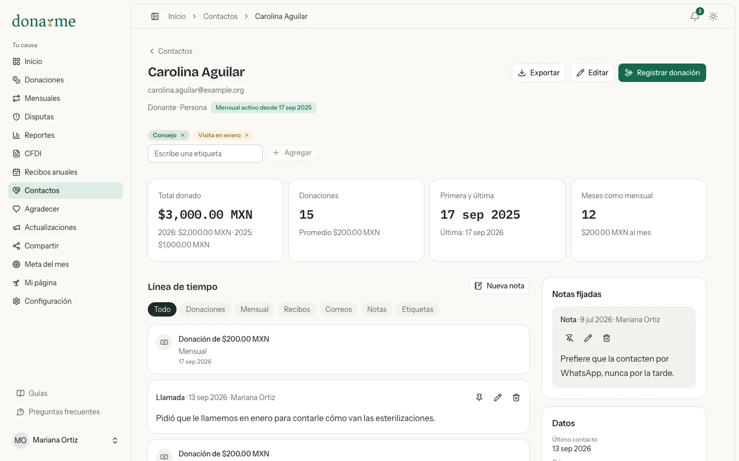 Perfil de un contacto con sus etiquetas, sus cifras, la línea de tiempo y las notas fijadas