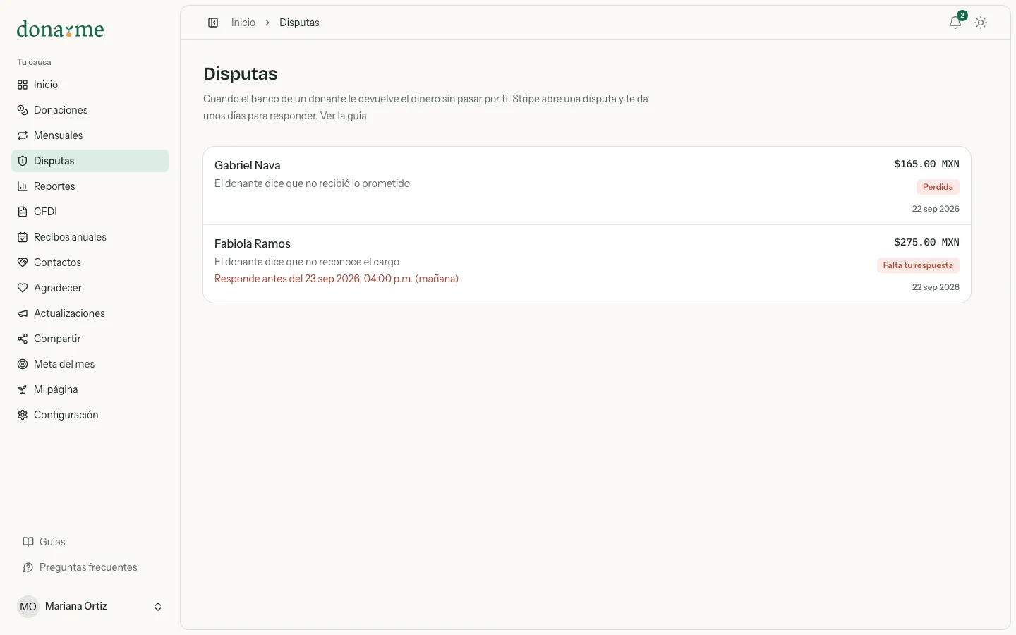 Lista de disputas con una perdida y una que falta responder con su fecha límite