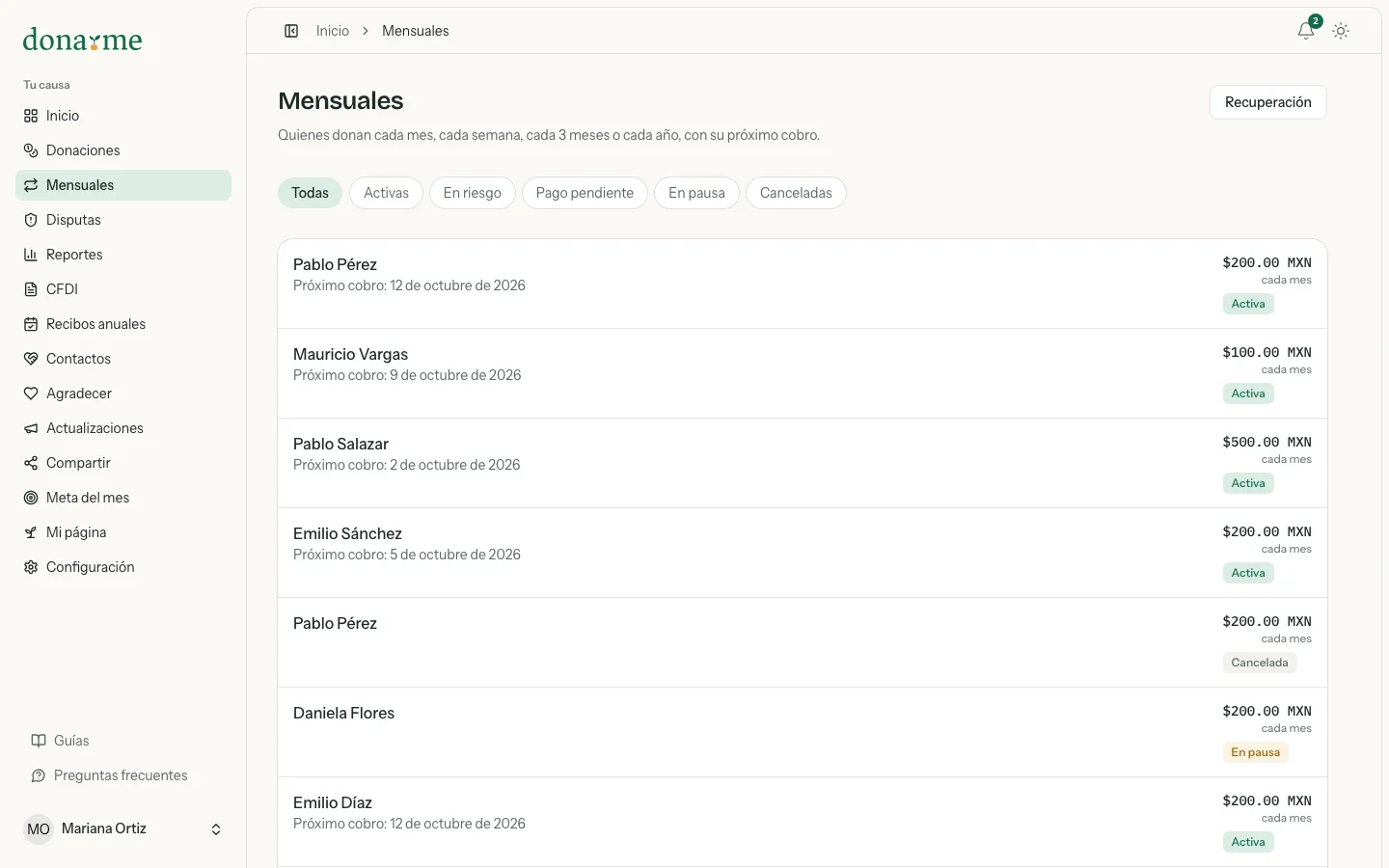 Lista de Mensuales con sus estados y un aviso de pago pendiente