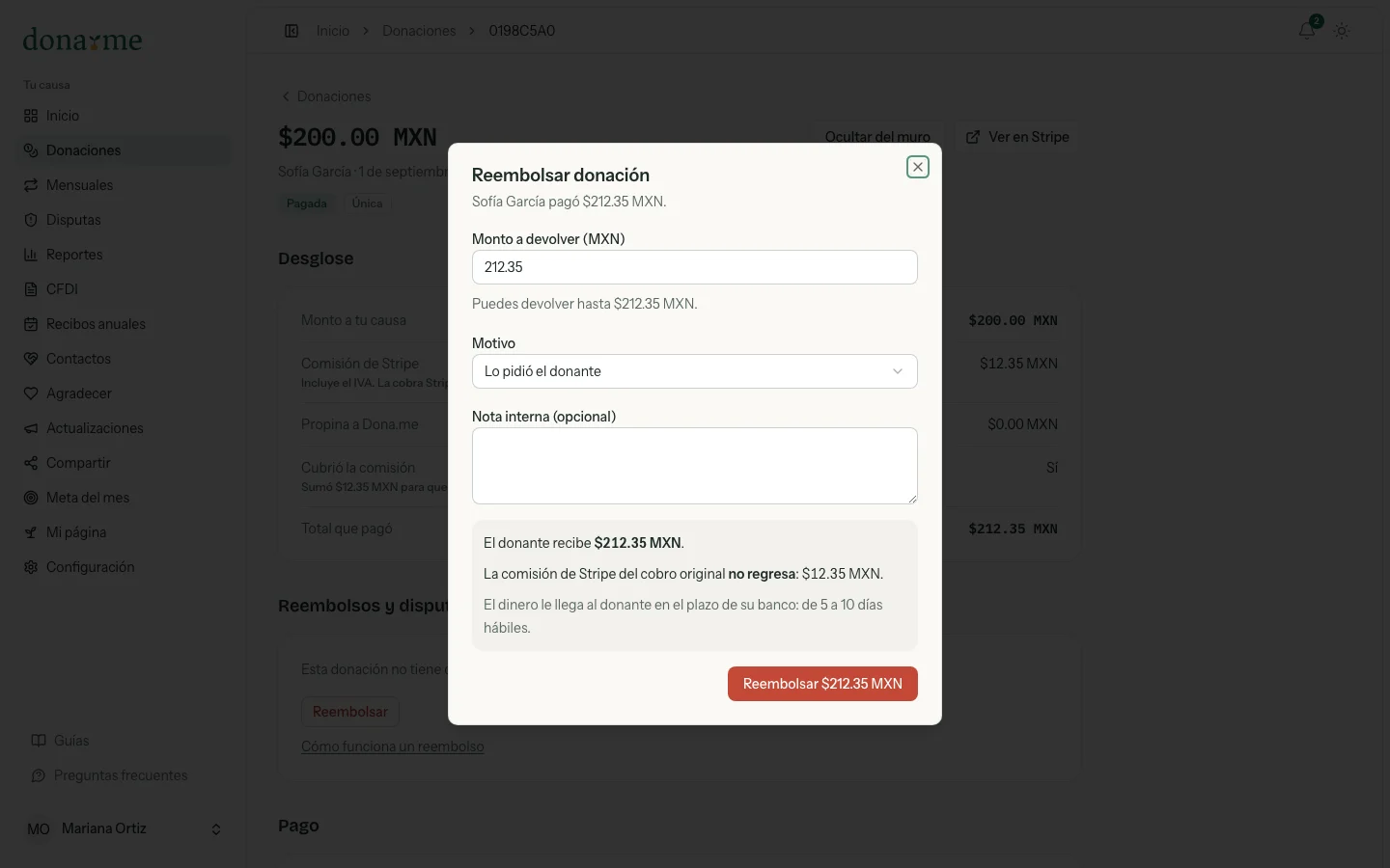 Diálogo Reembolsar donación con el monto, el motivo y lo que recibe el donante