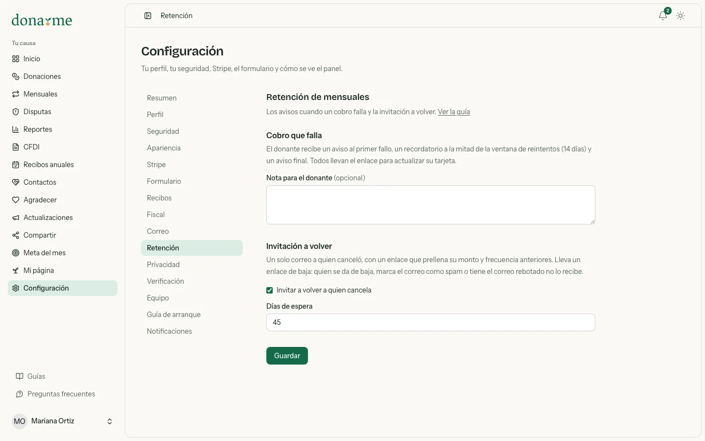 Configuración, Retención con la nota para el donante y la invitación a volver