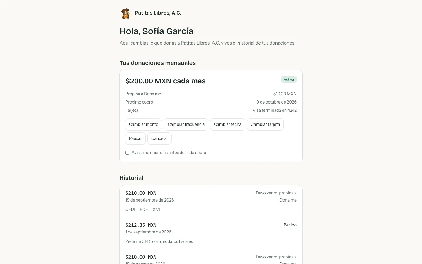 Portal del donante con los botones para cambiar la tarjeta, el monto o cancelar la donación mensual