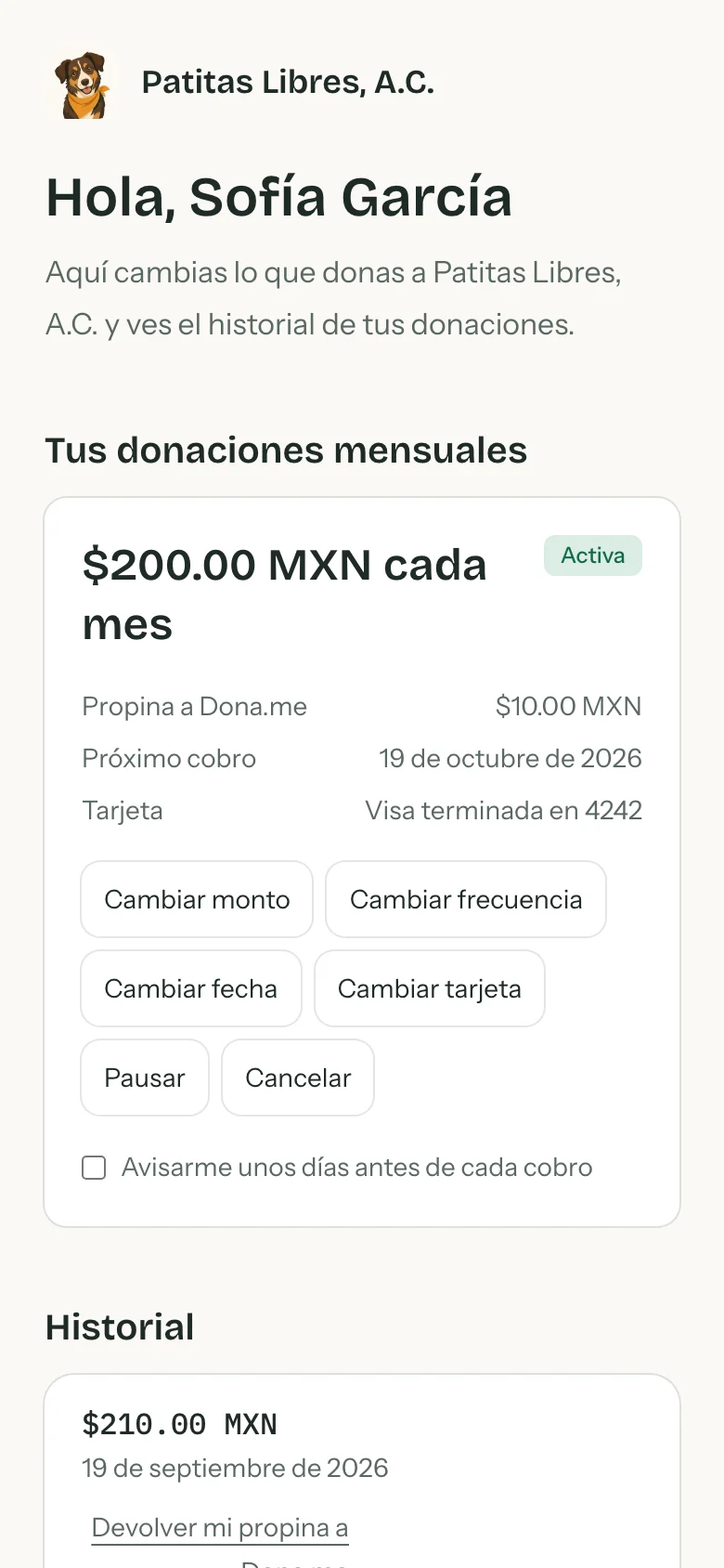 Portal del donante con su donación mensual